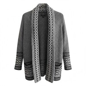 Women's Size M Black & Ivory Knit Cardigan Shawl Collar Patterned Lucky Brand